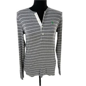 Ralph Lauren Heather Gray/White Stripe Henley Long Sleeve Ribbed T-Shirt Size M